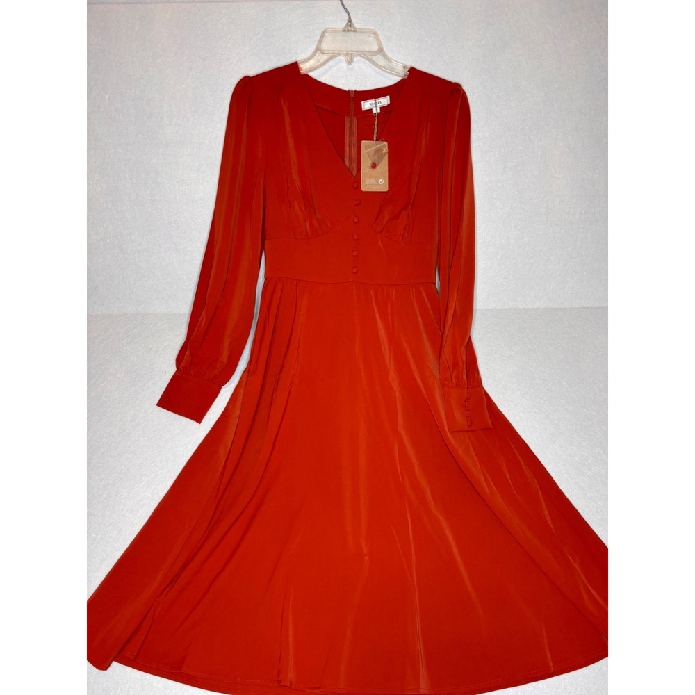 Rihoas Orange V Neck Pleated Button Midi Dress, Size S